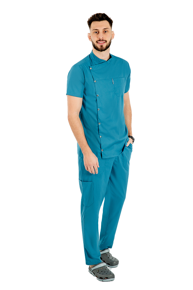 Uniforma bucatar tip tunica aqua, cu maneca scurta, material elastic