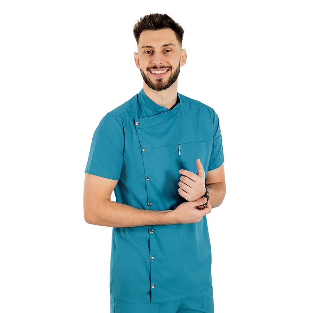 Uniforma bucatar tip tunica aqua, cu maneca scurta, material elastic