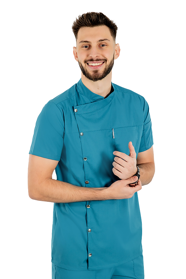 Uniforma bucatar tip tunica aqua, cu maneca scurta, material elastic