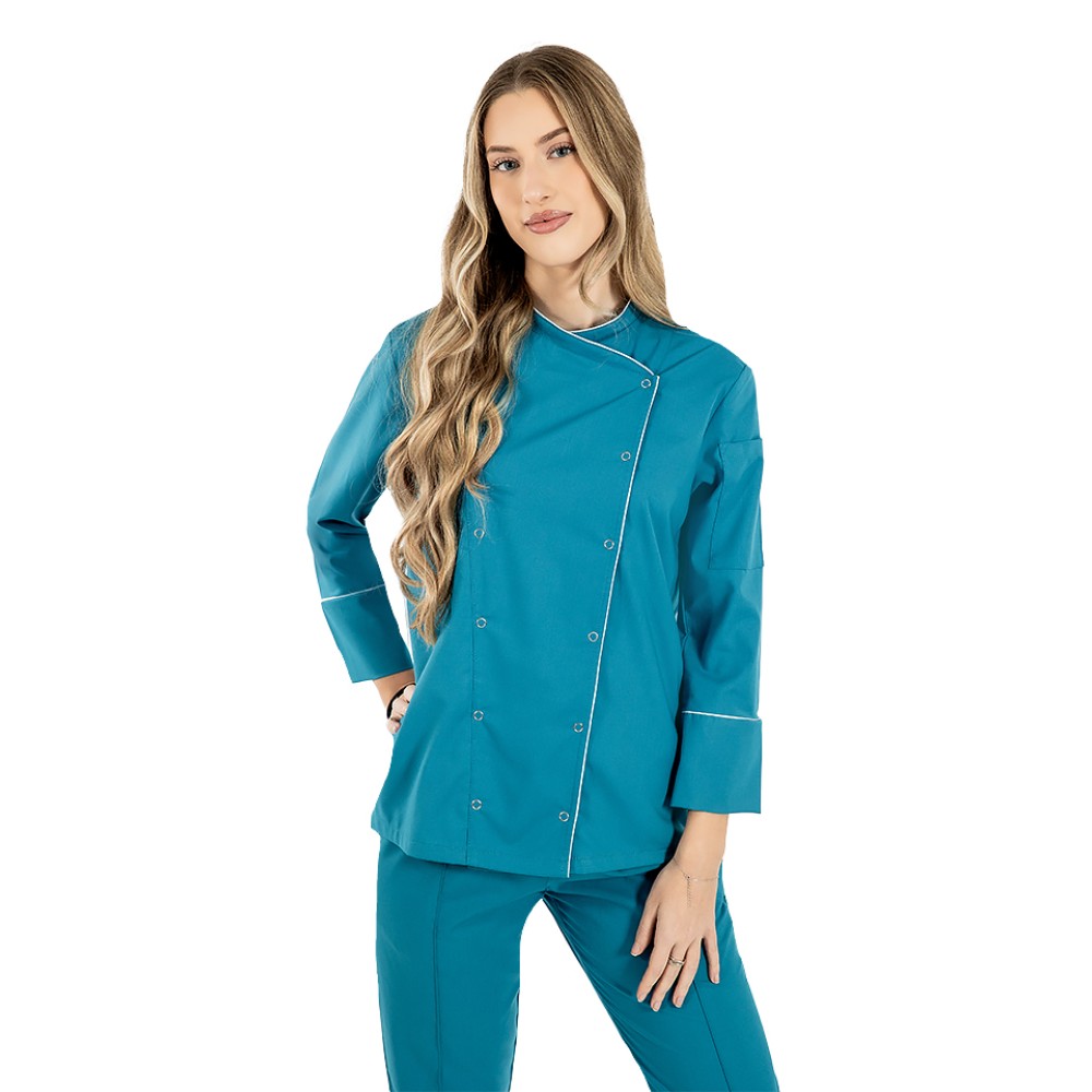 Tunica bucatar dama, aqua, cu maneca lunga, inchidere cu capse