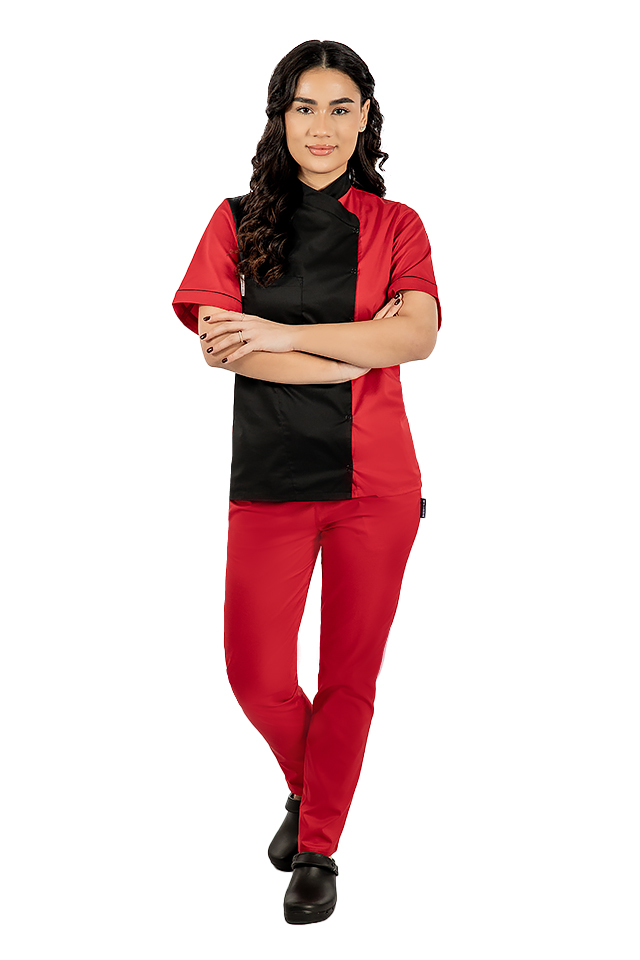 Uniforma bucatar dama negru cu rosu tip tunica cu capse si pantaloni cu snur si elastic in talie