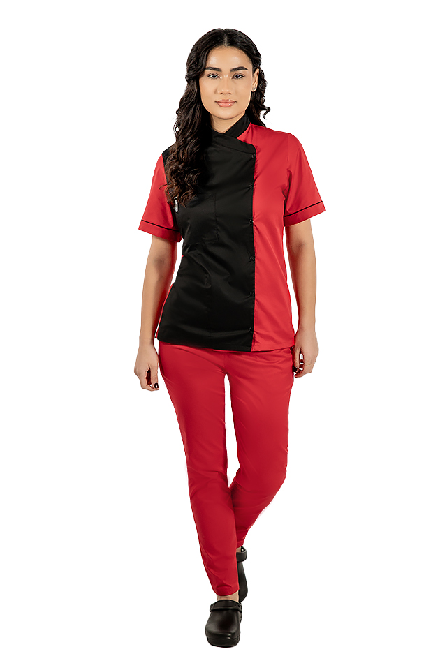 Uniforma bucatar dama negru cu rosu tip tunica cu capse si pantaloni cu snur si elastic in talie