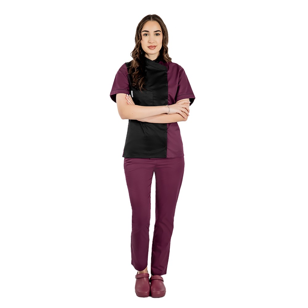 Uniforma bucatar dama negru cu visina tip tunica cu capse si pantaloni cu snur si elastic in talie