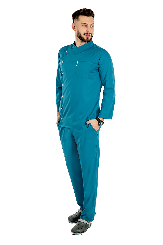 Uniforma bucatar aqua tip tunica cu maneca lunga, capse