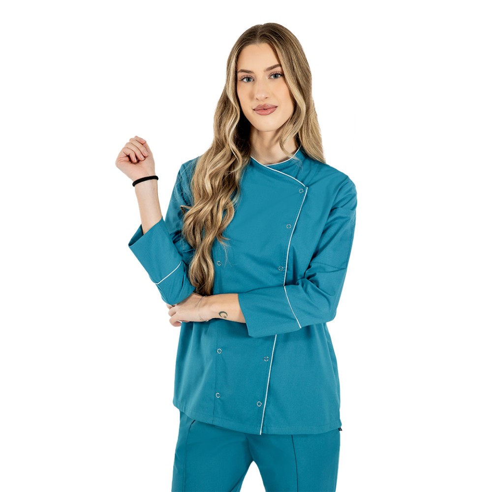 Tunica bucatar dama, aqua, cu maneca lunga, inchidere cu capse