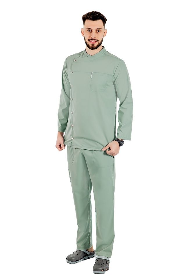 Uniforma bucatar olive tip tunica cu maneca lunga, capse