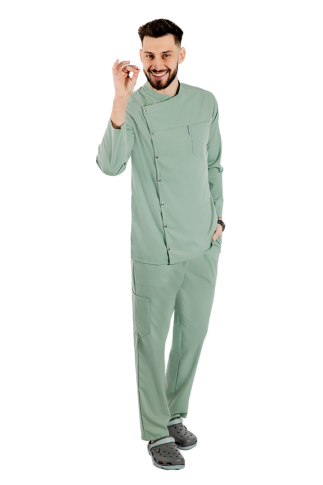 Uniforma bucatar olive tip tunica cu maneca lunga, capse