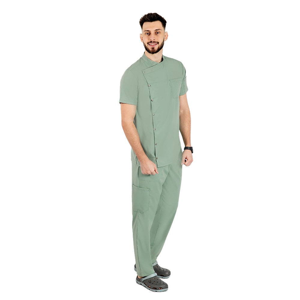 Uniforma bucatar tip tunica olive, cu maneca scurta, material elastic