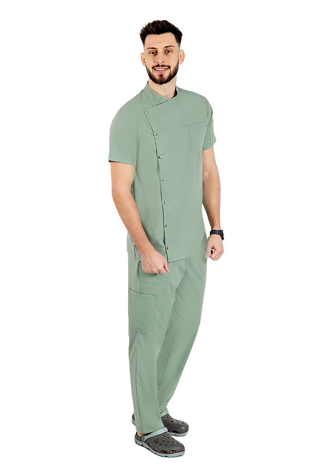 Uniforma bucatar tip tunica olive, cu maneca scurta, material elastic