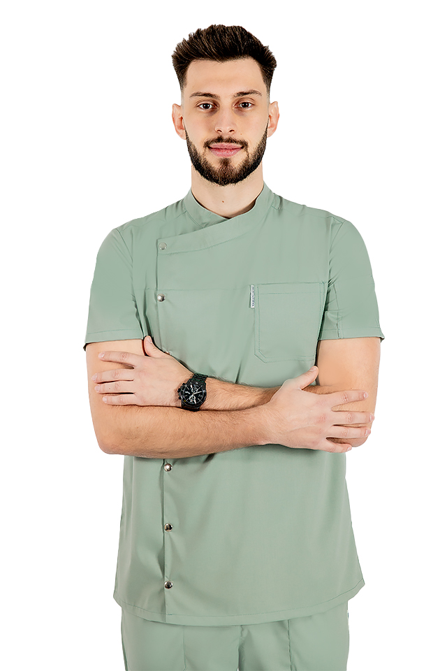 Tunica bucatar olive cu maneca scurta, capse