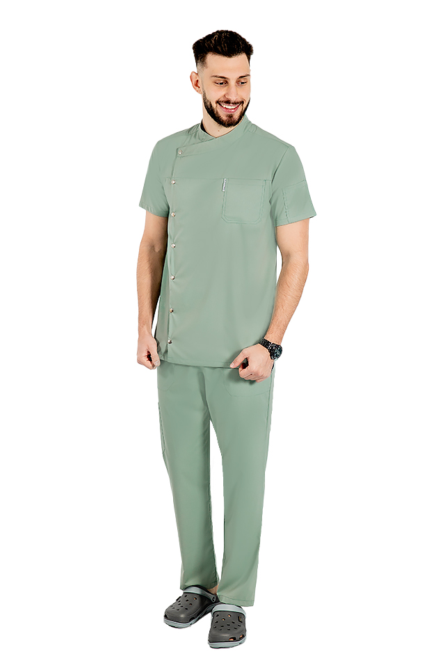 Uniforma bucatar tip tunica olive, cu maneca scurta, material elastic