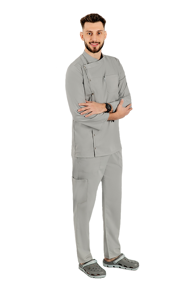 Uniforma bucatar gri tip tunica cu maneca lunga, capse