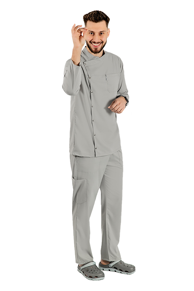 Uniforma bucatar gri tip tunica cu maneca lunga, capse