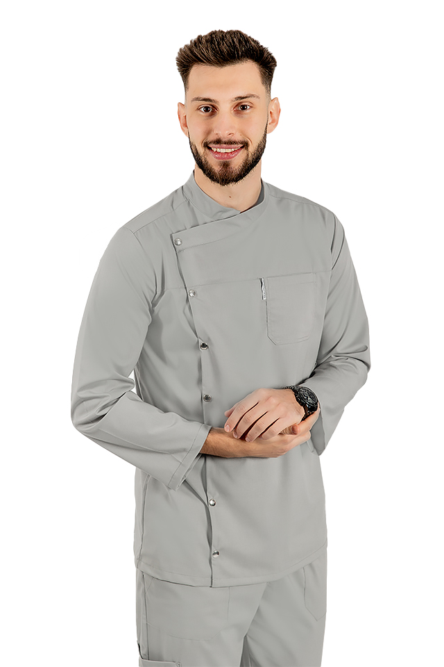 Uniforma bucatar gri tip tunica cu maneca lunga, capse