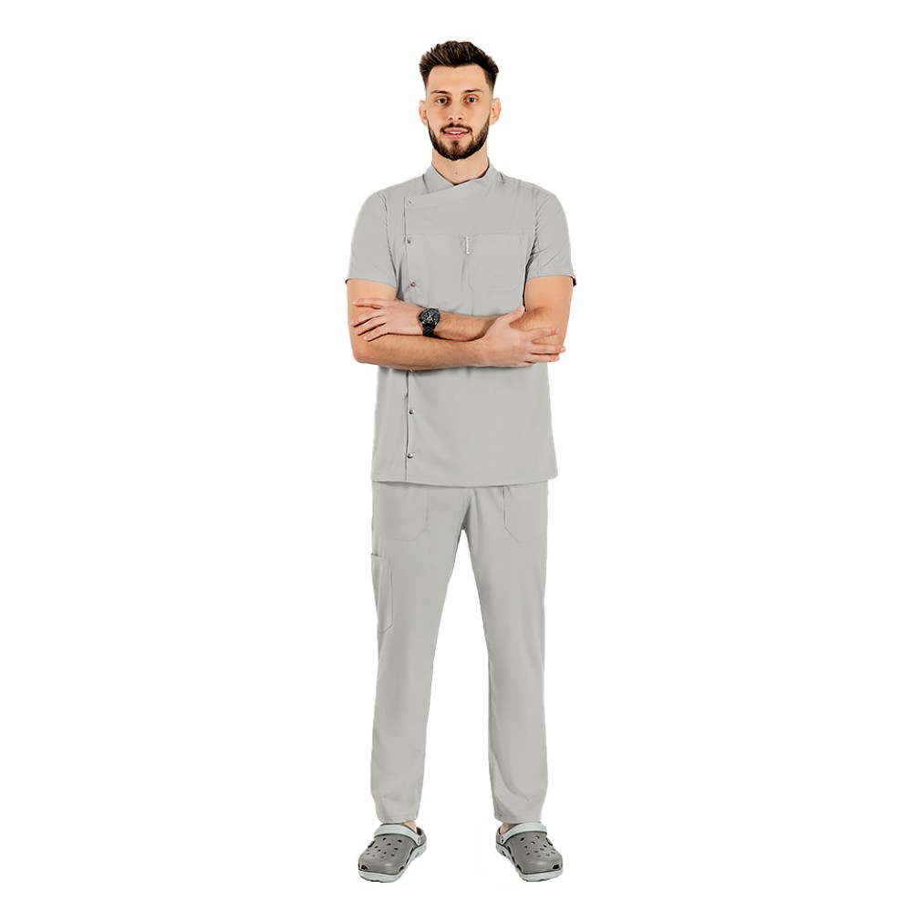 Uniforma bucatar tip tunica gri, cu maneca scurta, material elastic