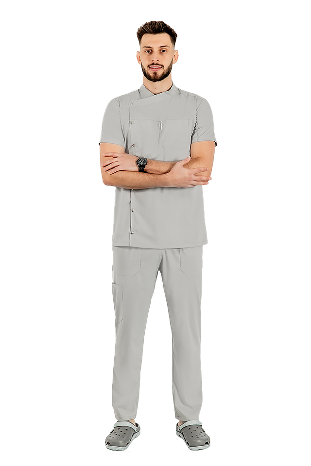 Uniforma bucatar tip tunica gri, cu maneca scurta, material elastic