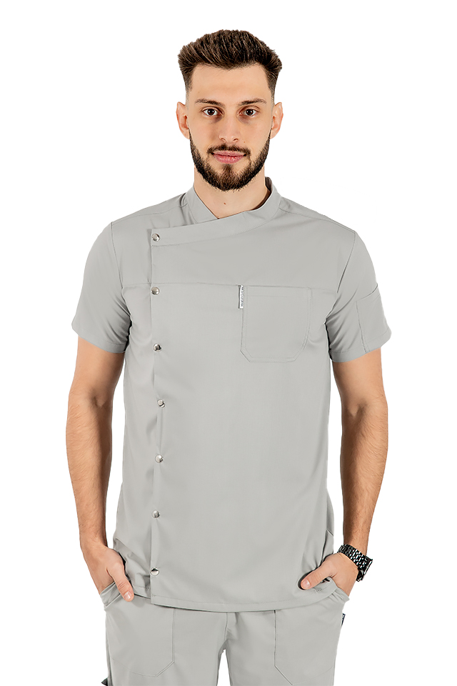 Uniforma bucatar tip tunica gri, cu maneca scurta, material elastic