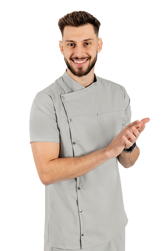 Uniforma bucatar tip tunica gri, cu maneca scurta, material elastic