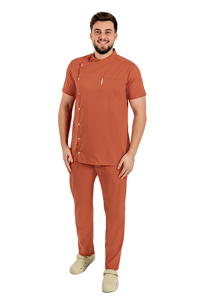 Uniforma bucatar tip tunica caramel, cu maneca scurta, material elastic