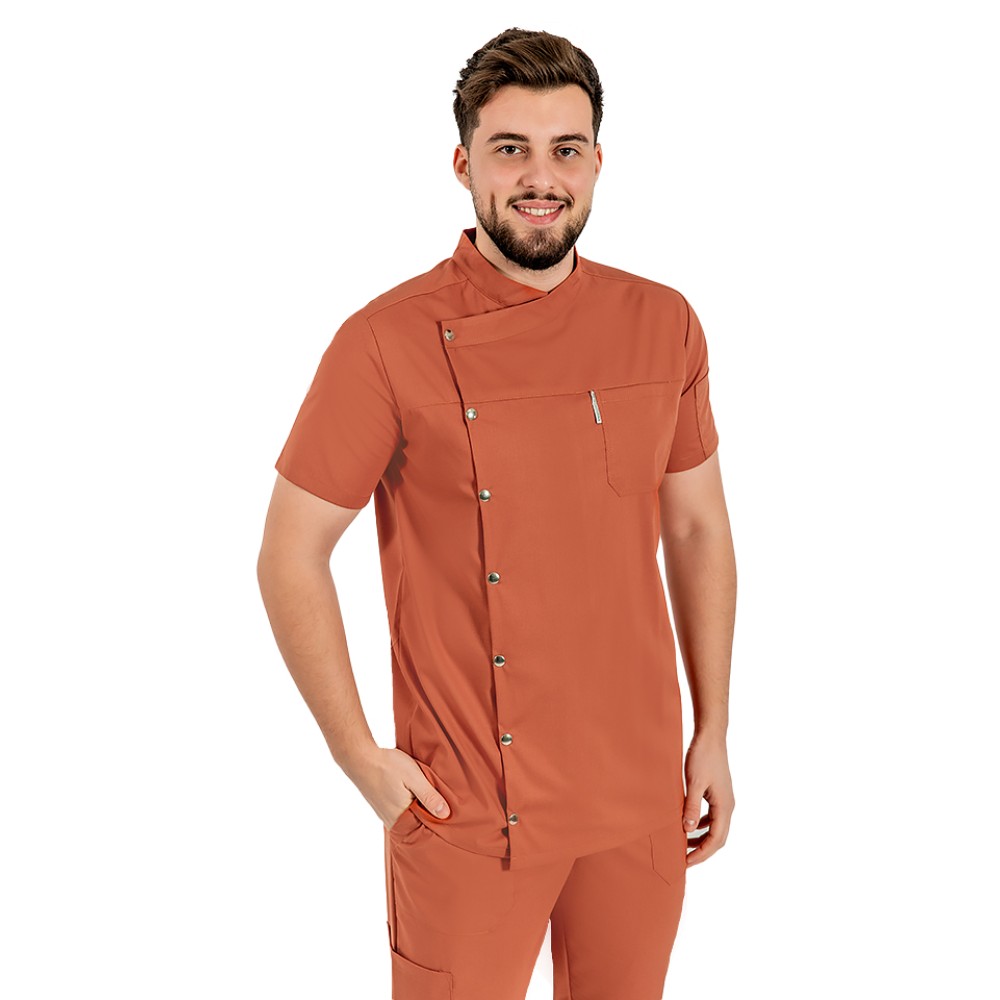 Uniforma bucatar tip tunica caramel, cu maneca scurta, material elastic