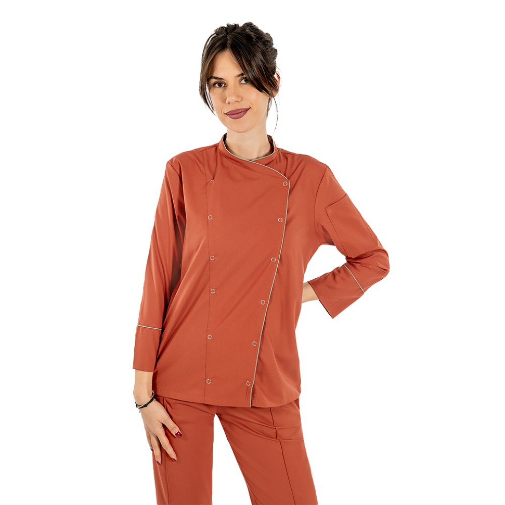 Tunica bucatar dama, caramel, cu maneca lunga, inchidere cu capse