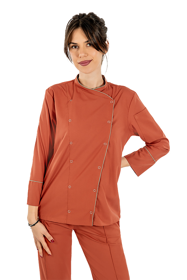 Tunica bucatar dama, caramel, cu maneca lunga, inchidere cu capse