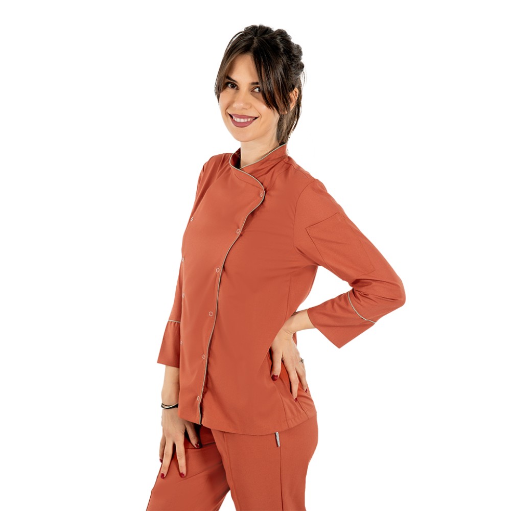 Tunica bucatar dama, caramel, cu maneca lunga, inchidere cu capse