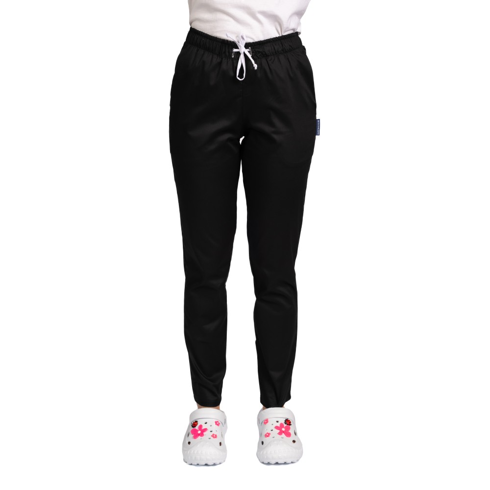 Pantaloni de lucru cu elastan dama negri cu snur si elastic, doua buzunare laterale