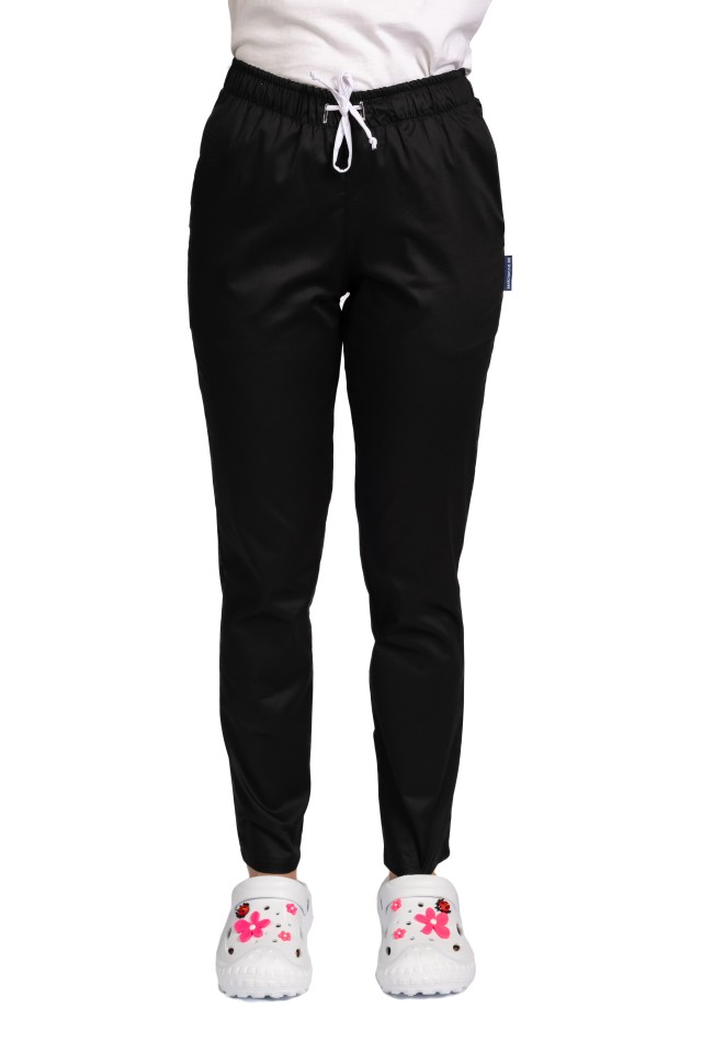 Pantaloni de lucru cu elastan dama negri cu snur si elastic, doua buzunare laterale