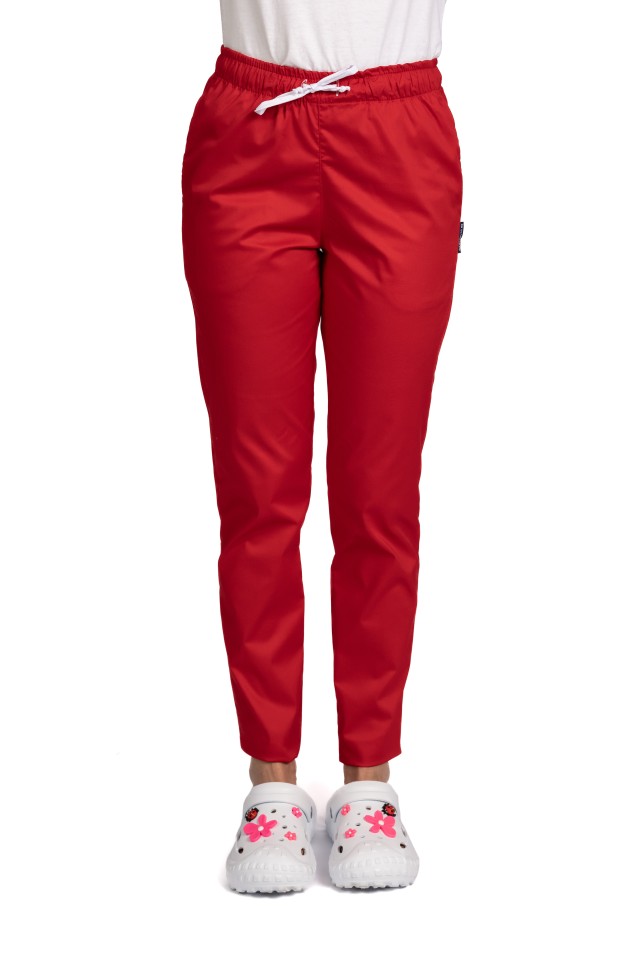 Pantaloni de lucru rosii cu elastanm snur in talie si doua buzunare laterale..