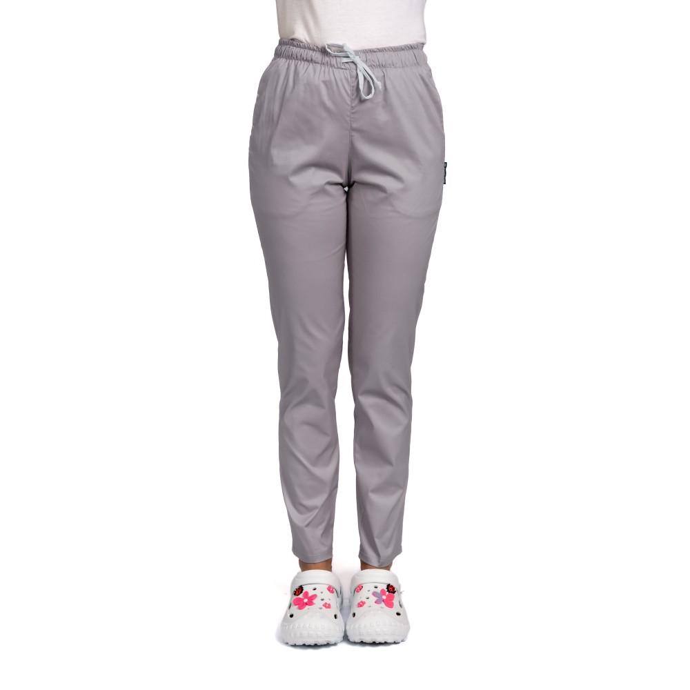 Pantaloni de lucru cu elastan dama gri cu snur si elastic, doua buzunare laterale