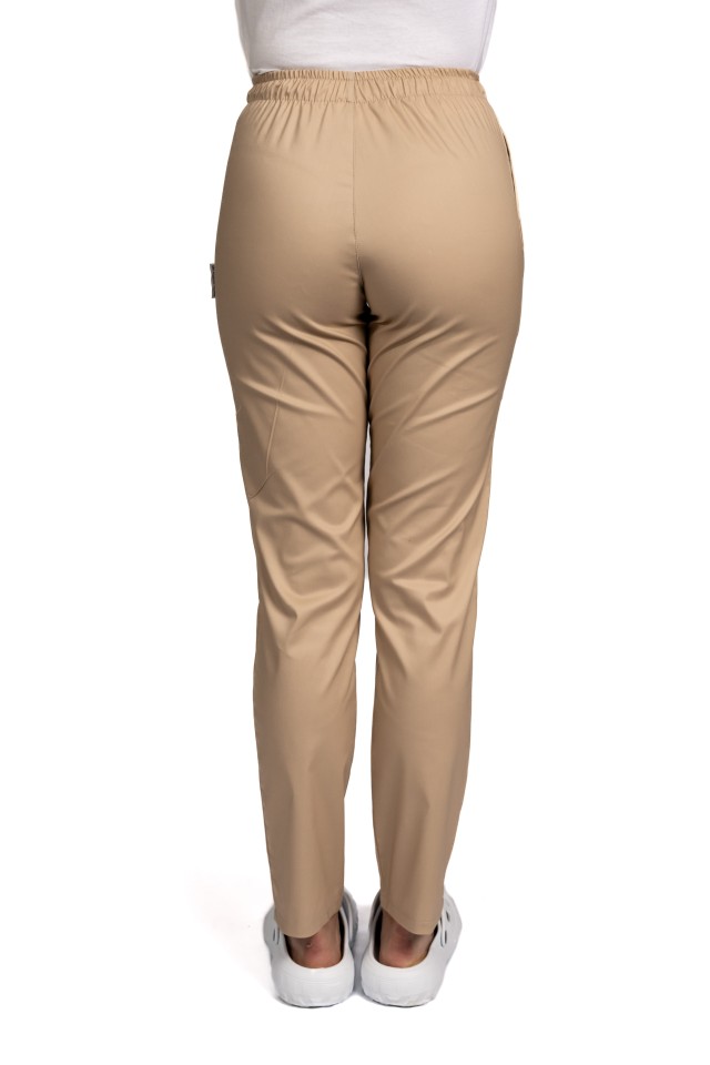 Pantaloni de lucru crem cu elastan snur in talie si doua buzunare laterale