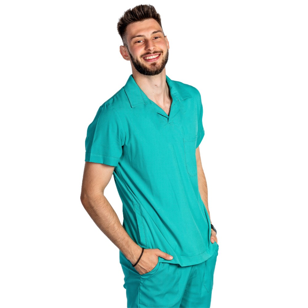 Tricou cu elastan polo barbati verde turcoaz, model in V