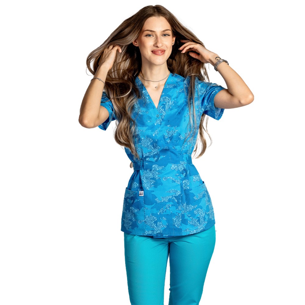 Costume de lucru pentru gradinite model kimono Blue Army, bluza cu imprimeu si pantaloni cu elastic