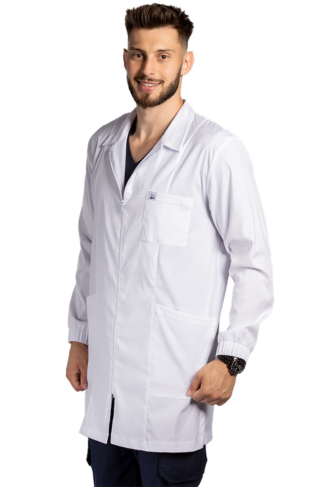 Halat de lucru alb pentru laborator,model barbatesc, cu guler, trei buzunare si maneca lunga