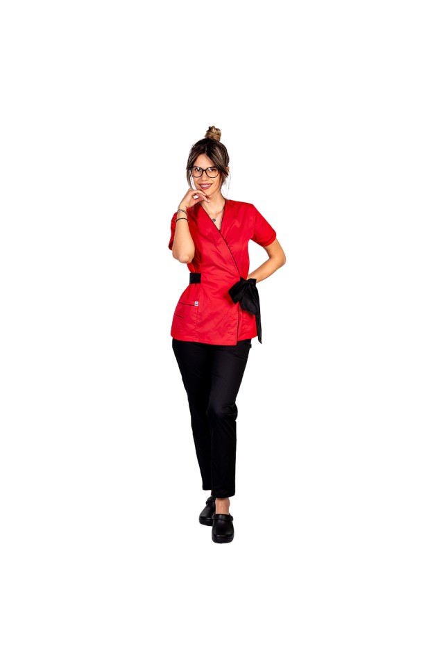 Halat de lucru pentru SPA model kimono rosu cu paspol negru si cordon cu legare tip fundita