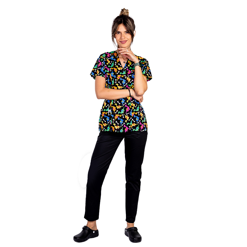 Costume de lucru pentru gradinite model kimono Dino, cu bluza cu imprimeu  si pantaloni cu elastic