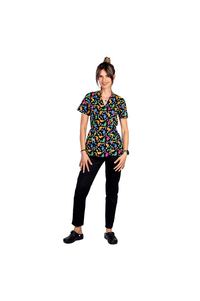 Costume de lucru pentru gradinite model kimono Dino, cu bluza cu imprimeu  si pantaloni cu elastic