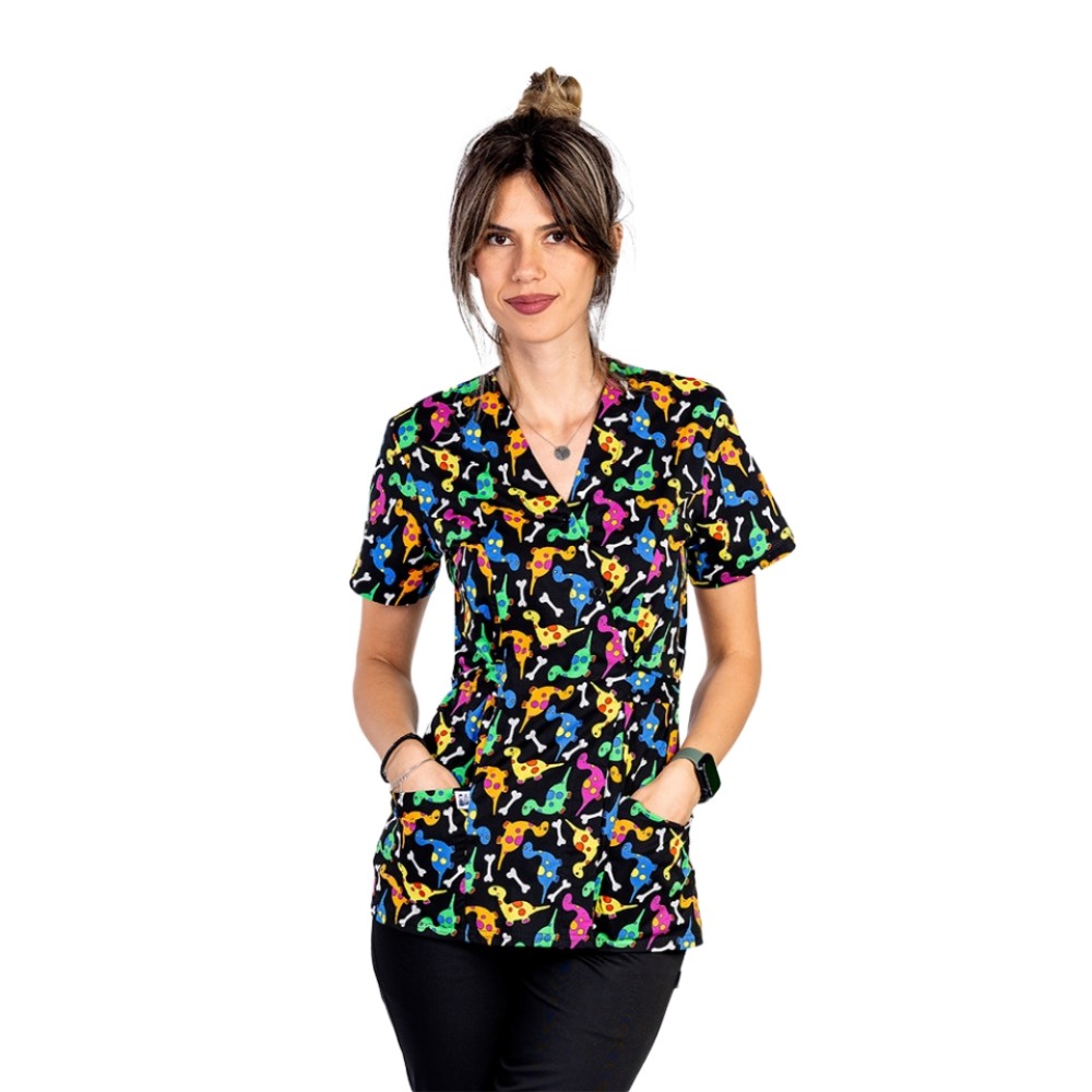 Halat de lucru pentru gradinite kimono Dino, cu doua buzunare aplicate