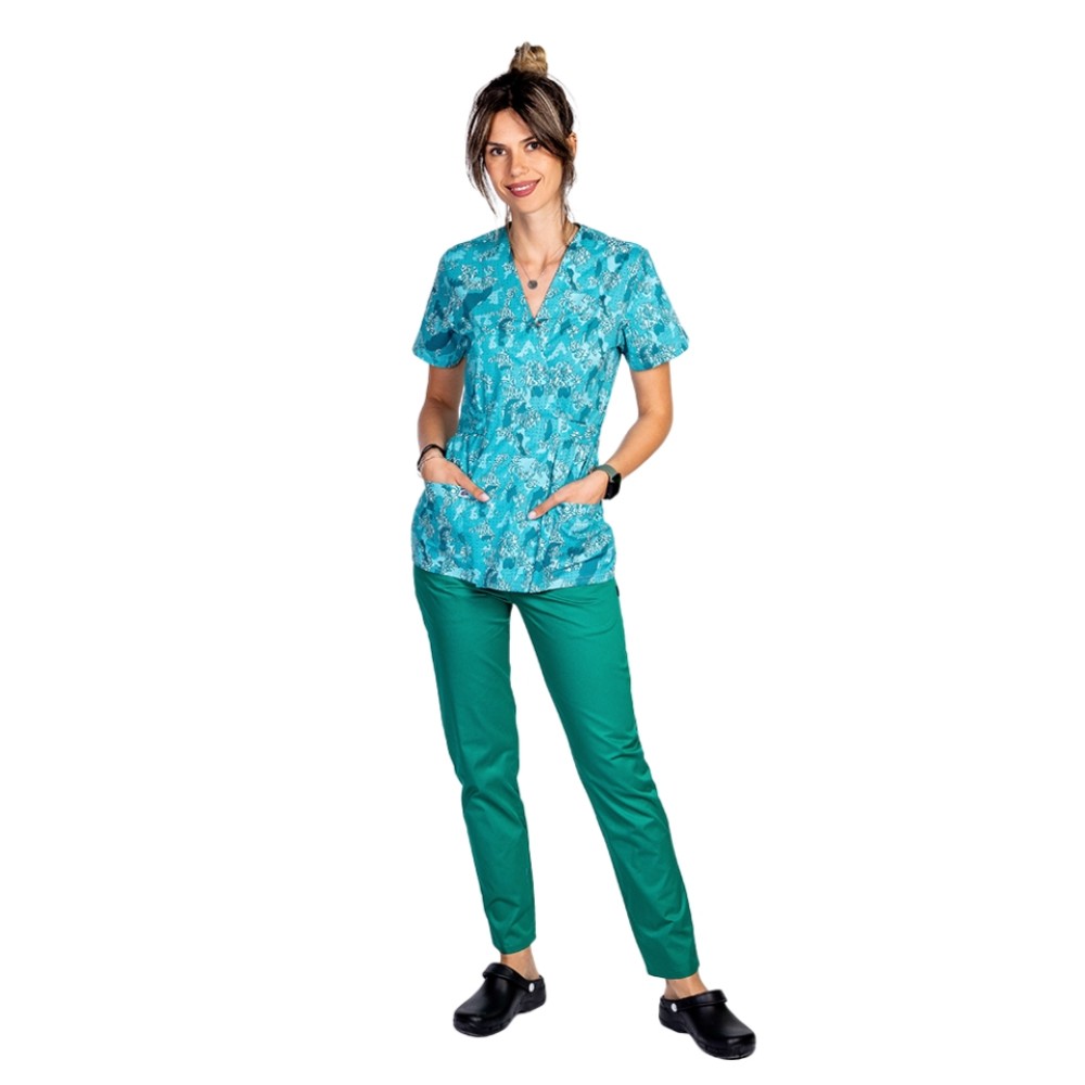 Costume de lucru pentru gradinite model kimono Green Army, bluza cu imprimeu si pantaloni cu elastic