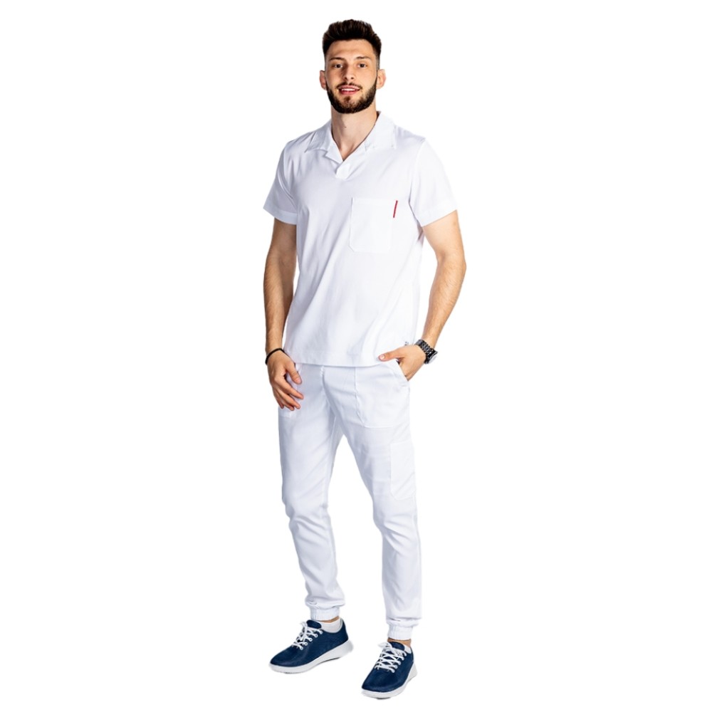 Costum de lucru cu elastan polo barbati alb, cu bluza in V si pantaloni tip jogger, cu snur si elastic