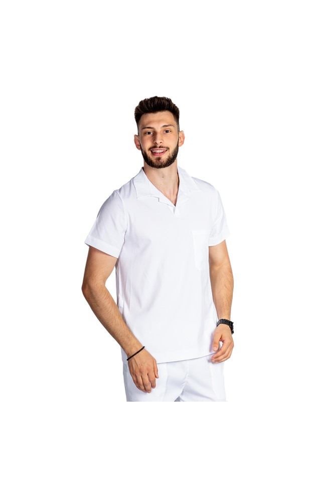 Costum de lucru cu elastan polo barbati alb, cu bluza in V si pantaloni tip jogger, cu snur si elastic