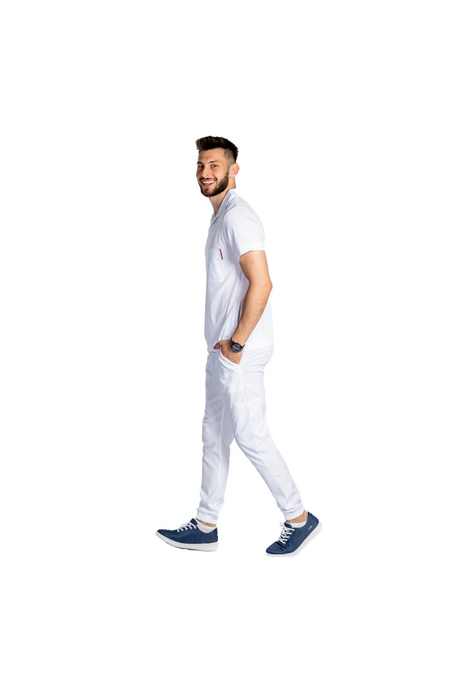 Costum de lucru cu elastan polo barbati alb, cu bluza in V si pantaloni tip jogger, cu snur si elastic