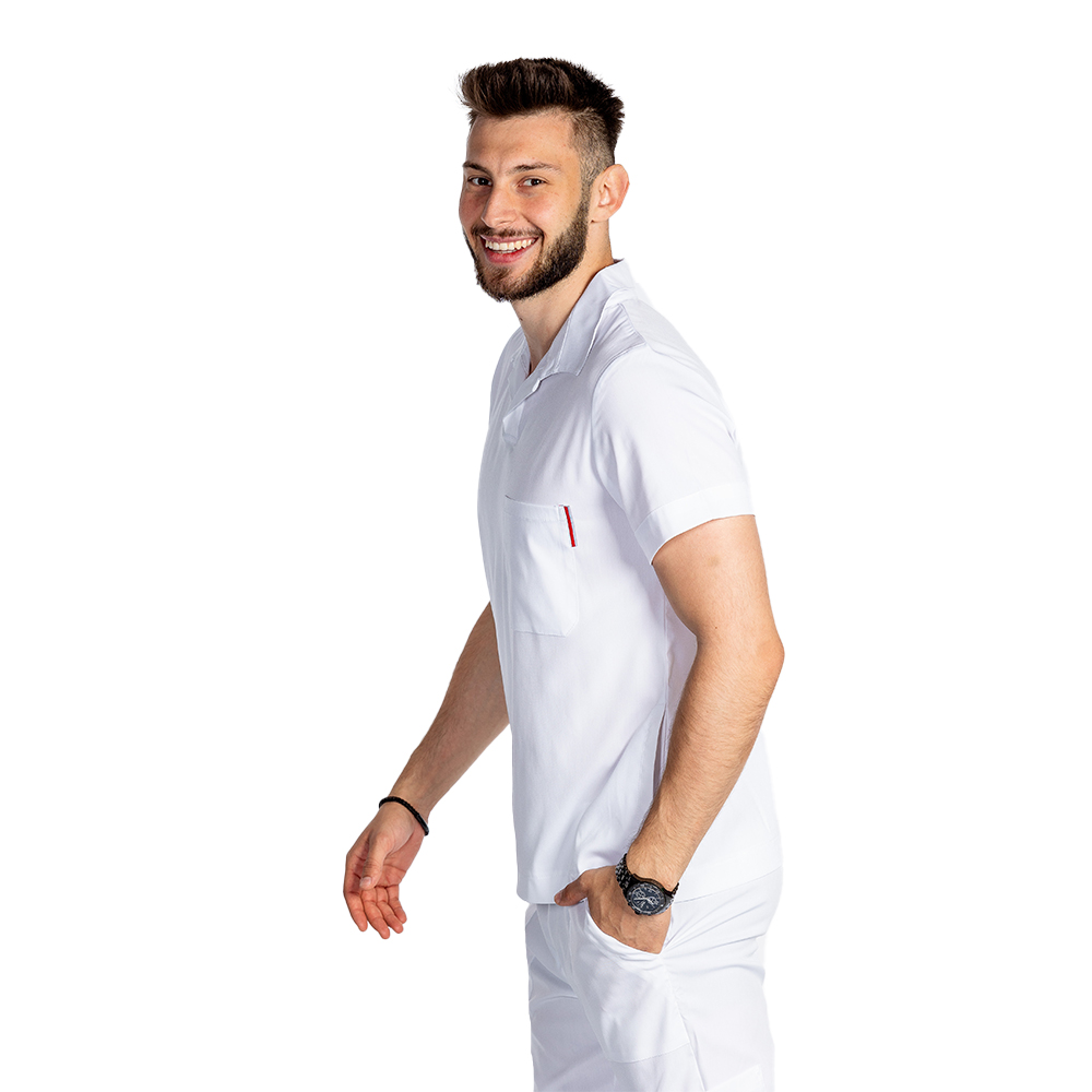 Costum de lucru cu elastan polo barbati alb, cu bluza in V si pantaloni tip jogger, cu snur si elastic