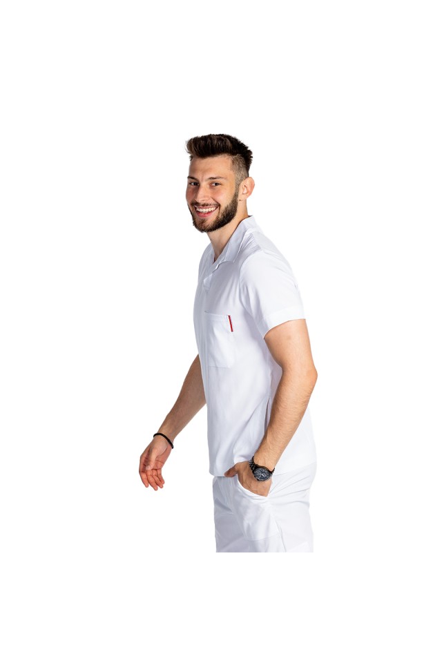 Costum de lucru cu elastan polo barbati alb, cu bluza in V si pantaloni tip jogger, cu snur si elastic