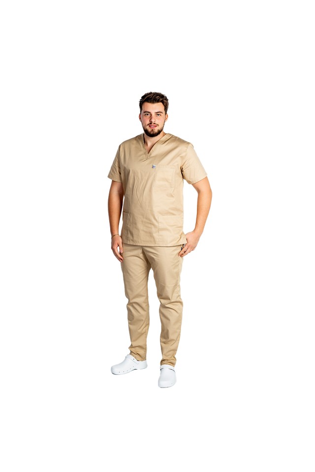 Uniforma de lucru barbati crem cu pantaloni cu snur si elastic in talie
