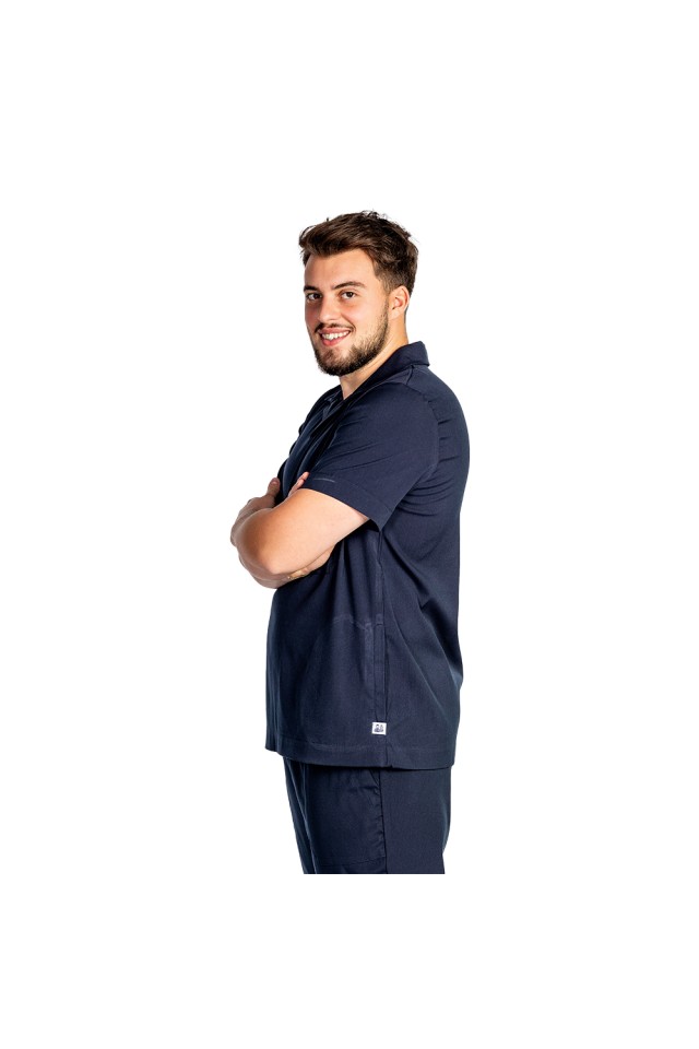 Costum de lucru cu elastan polo barbati bleumarin, cu bluza in V si pantaloni tip jogger, cu snur si elastic
