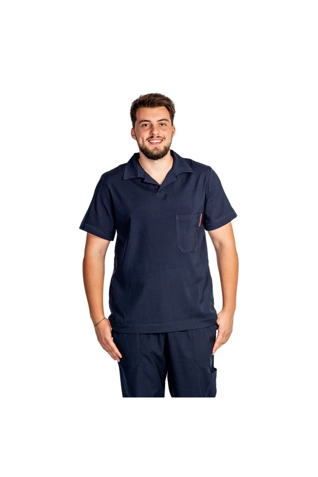 Costum de lucru cu elastan polo barbati bleumarin, cu bluza in V si pantaloni tip jogger, cu snur si elastic