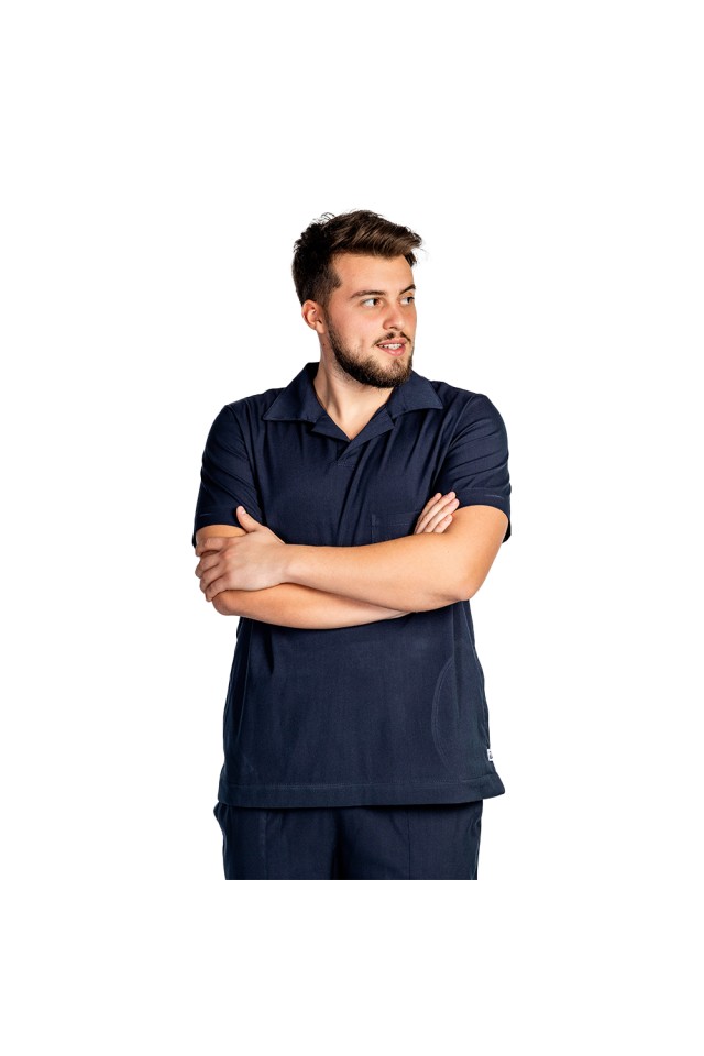 Costum de lucru cu elastan polo barbati bleumarin, cu bluza in V si pantaloni tip jogger, cu snur si elastic