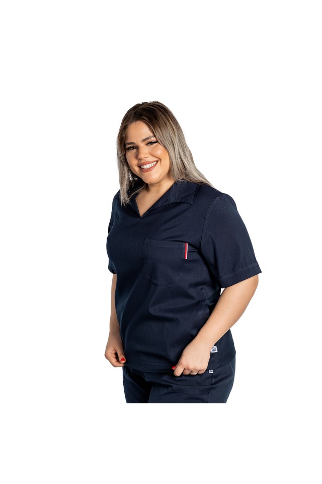 Costum de lucru cu elastan dama model polo bleumarin, cu bluza in V si pantaloni tip jogger, cu snur si elastic